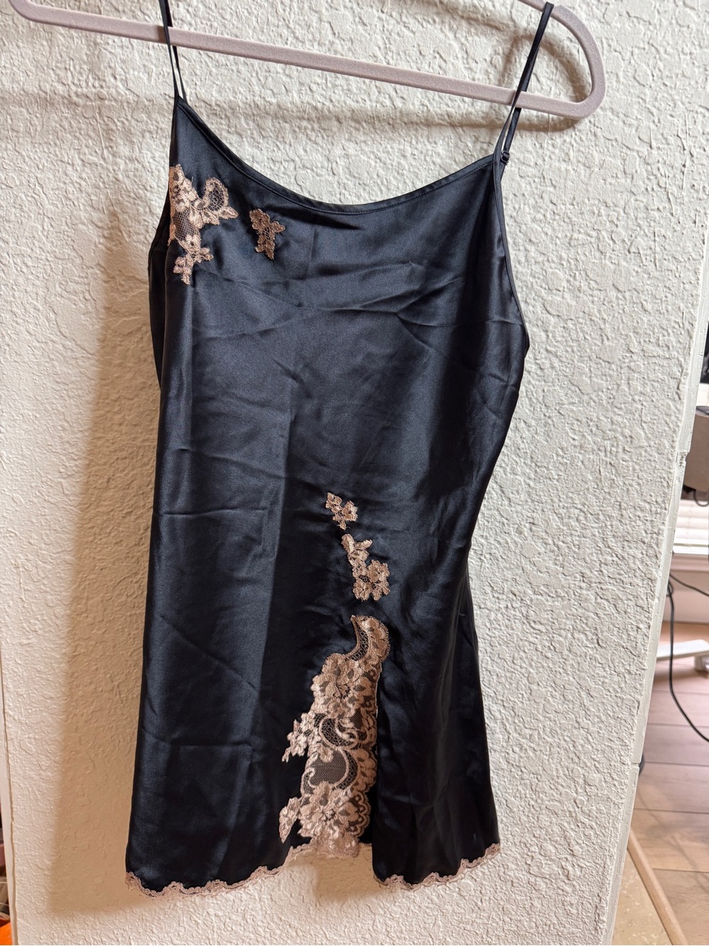 Silk Black Slip Dress with Beige Lace Appliqué